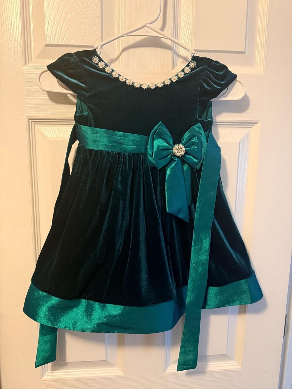 Rare Editions Teal Velvet Bow Dress with Jeweled Neckline